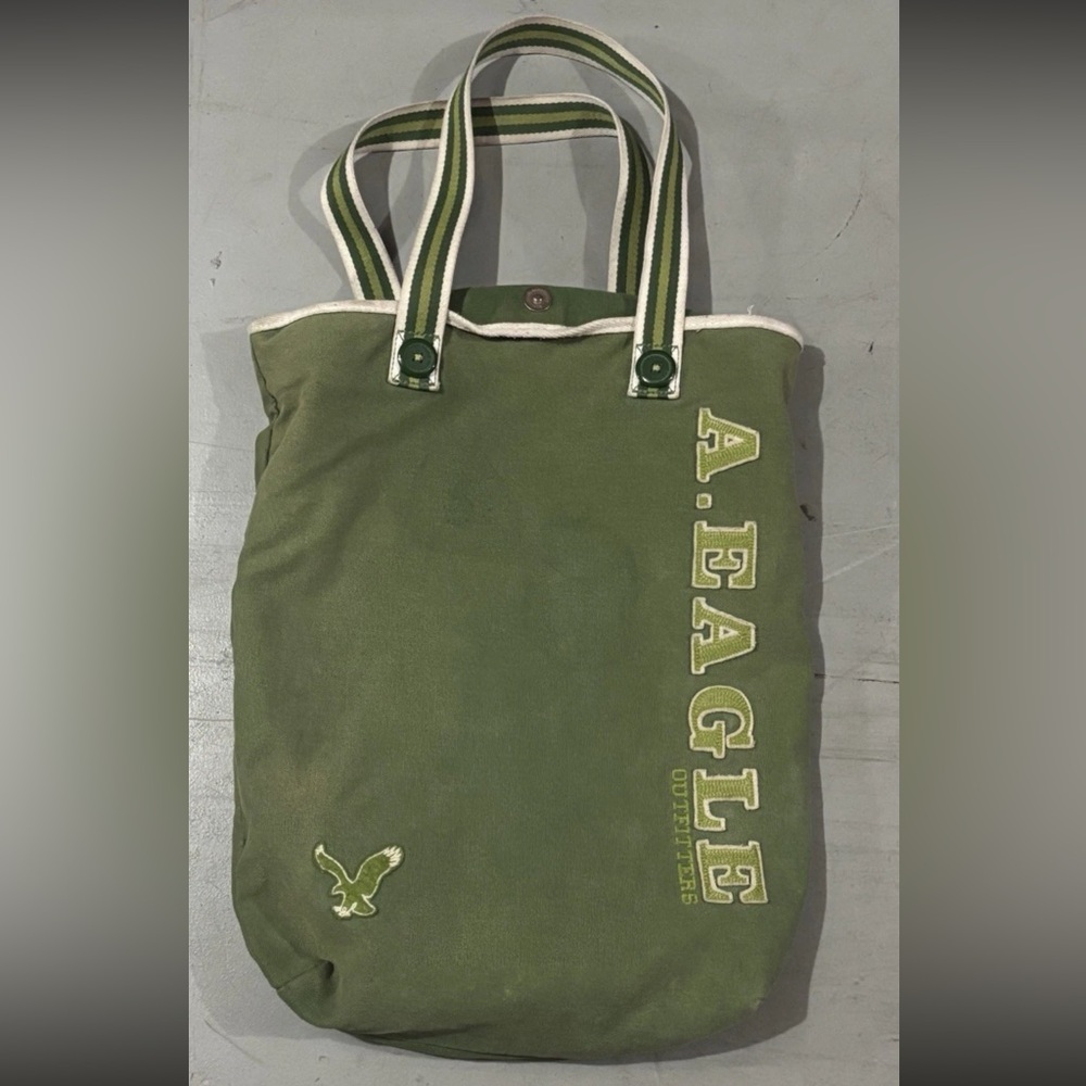 American Eagle Y2K Embroidered Everyday Tote Bag Green Zippered Pocket Canvas